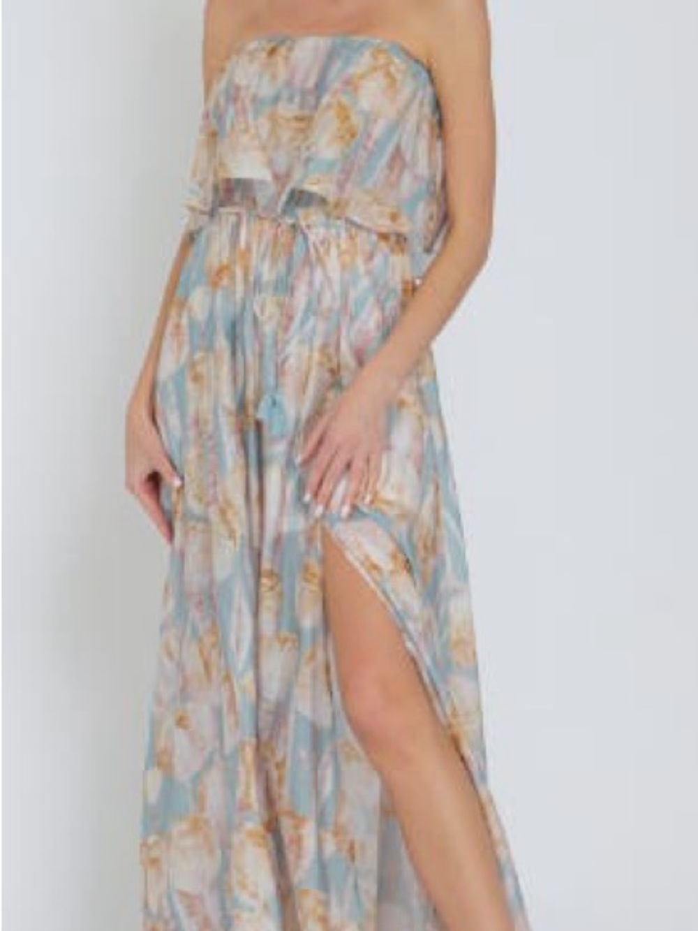 Strapless Floral Ruffle Maxi Dress in Light Blue